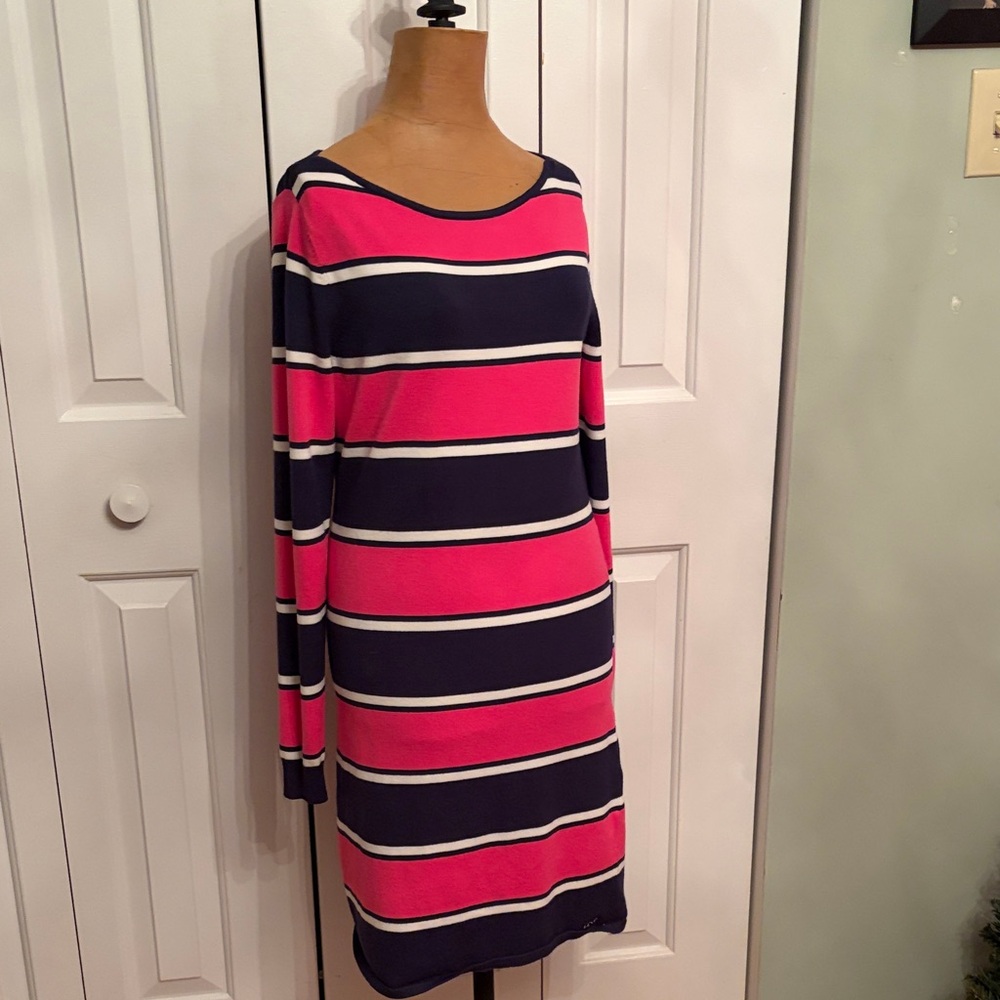 Vineyard Vines Pink and Navy Striped Long Sleeve Dress